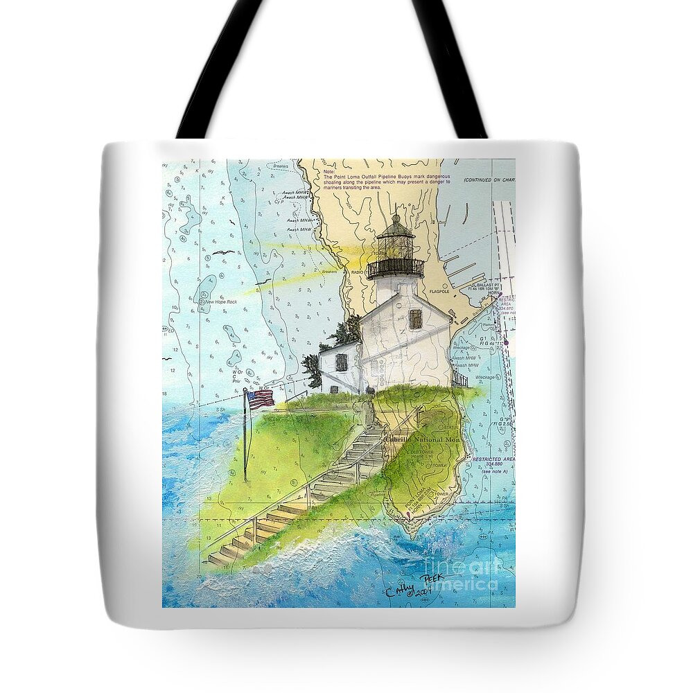Old Tote Bag featuring the painting Old Pt Loma Lighthouse CA Nautical Chart Map Art Cathy Peek by Cathy Peek