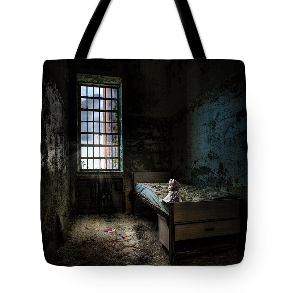 Creepy Doll Tote Bag featuring the photograph Old Room - Abandoned Places - Room with a bed by Gary Heller