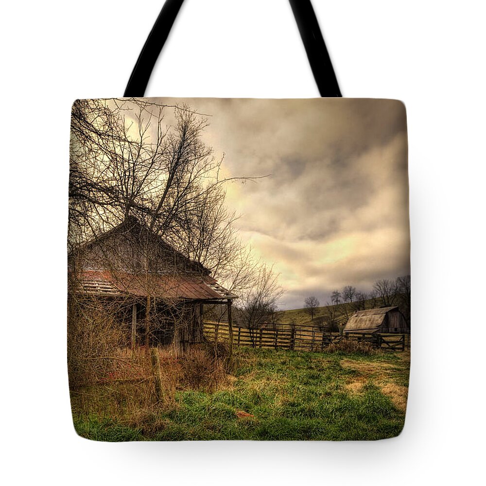 Old Building Tote Bag featuring the photograph Old Shed and Barn at Osage by Michael Dougherty