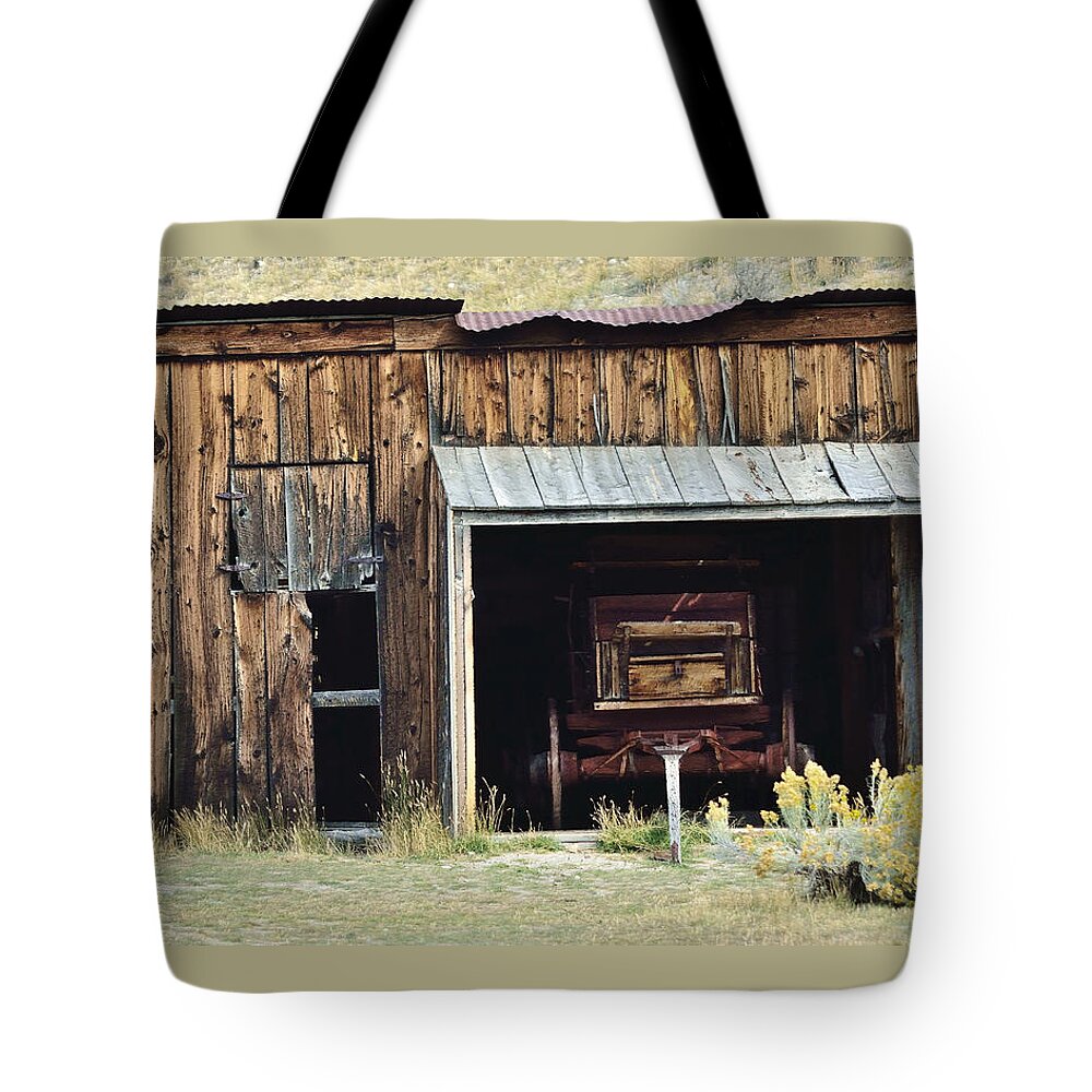 Wooden Shed Tote Bag featuring the photograph Old Shed and Wagon by Kae Cheatham