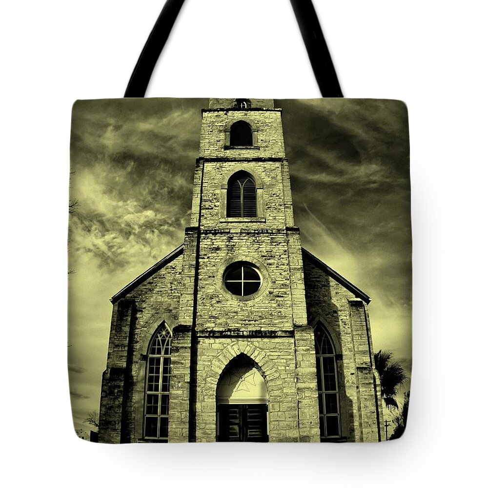 Michael Tidwell Photography Tote Bag featuring the photograph Old St. Mary's Church in Fredericksburg Texas in Sepia by Michael Tidwell