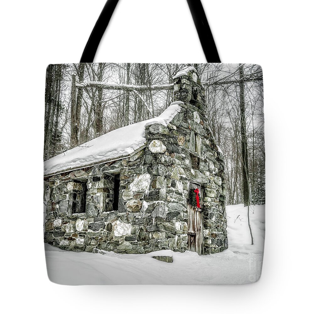 Stowe Tote Bag featuring the photograph Old Stone Chapel Stowe Vermont by Edward Fielding