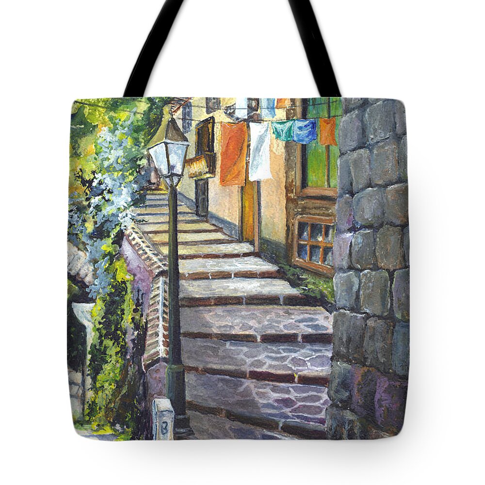 Watercolor Tote Bag featuring the painting Old Village Stairs - in Tuscany Italy by Carol Wisniewski