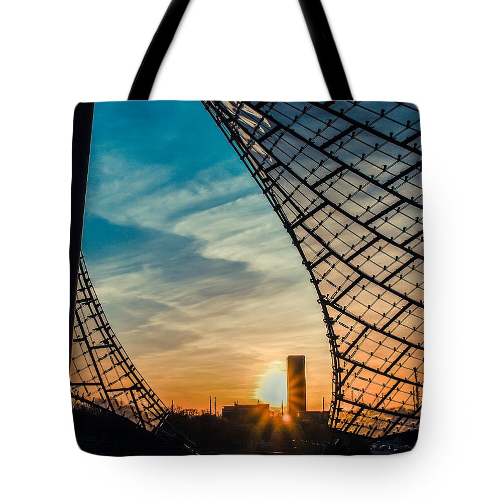 Building Tote Bag featuring the photograph Olympiastadium - The Roof by Hannes Cmarits