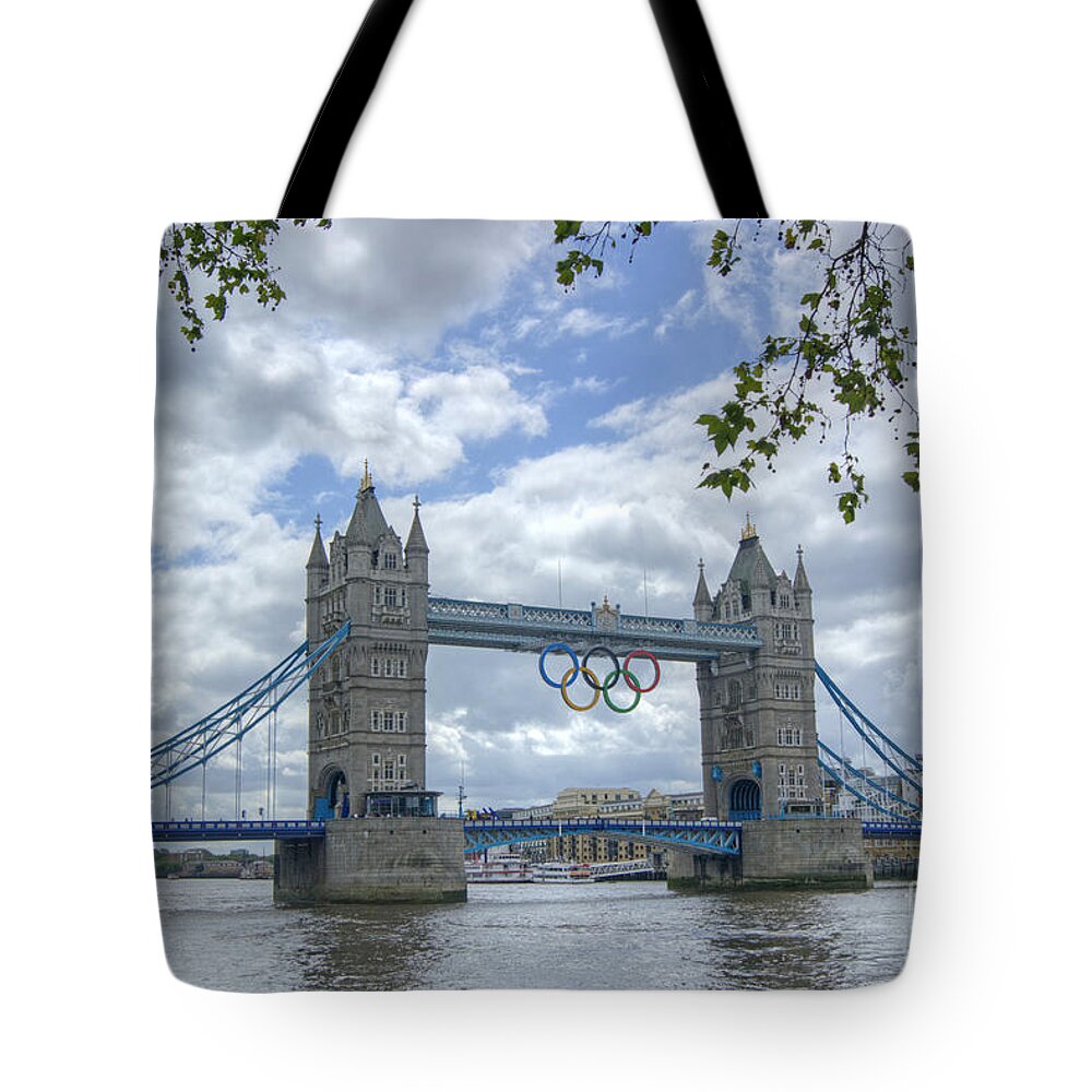 Olympic Tote Bag featuring the photograph Olympic Rings on Tower Bridge by David Birchall
