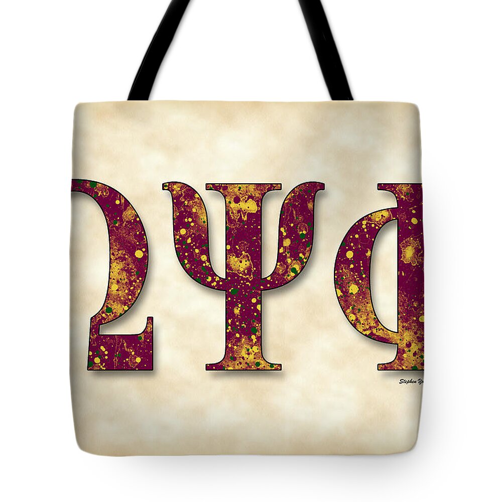 Omega Psi Phi Tote Bag featuring the digital art Omega Psi Phi - Parchment by Stephen Younts