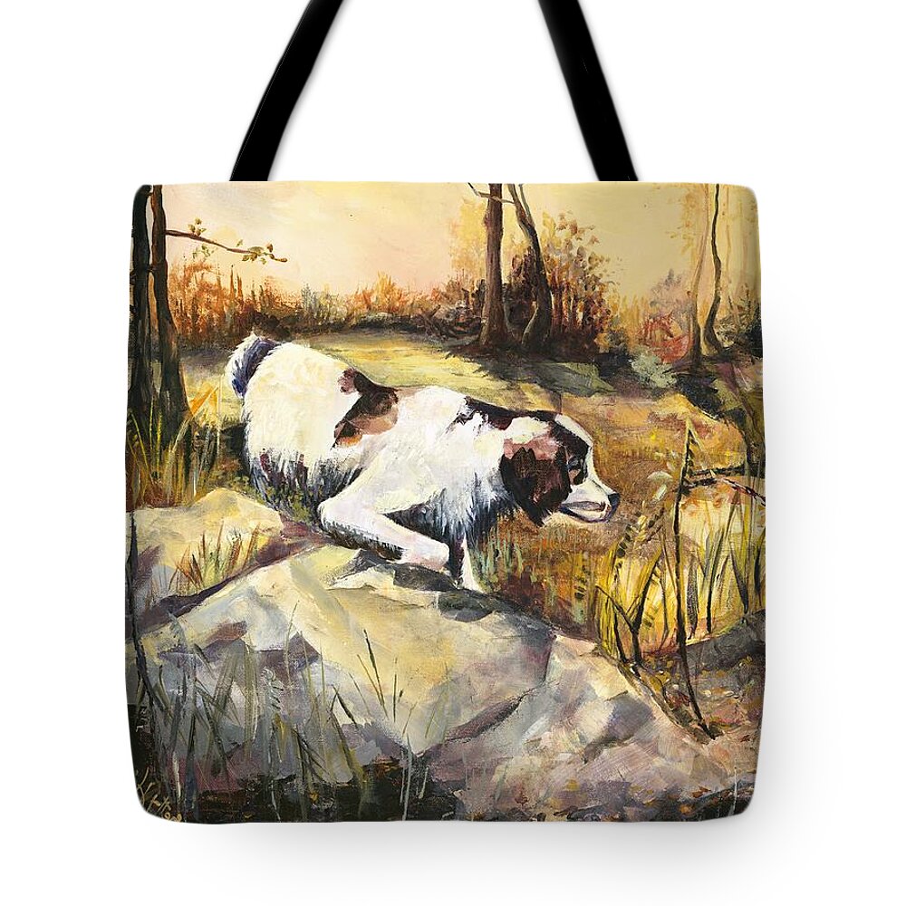 Dog Tote Bag featuring the painting On Point - Late Afternoon Hunting by Elisabeta Hermann