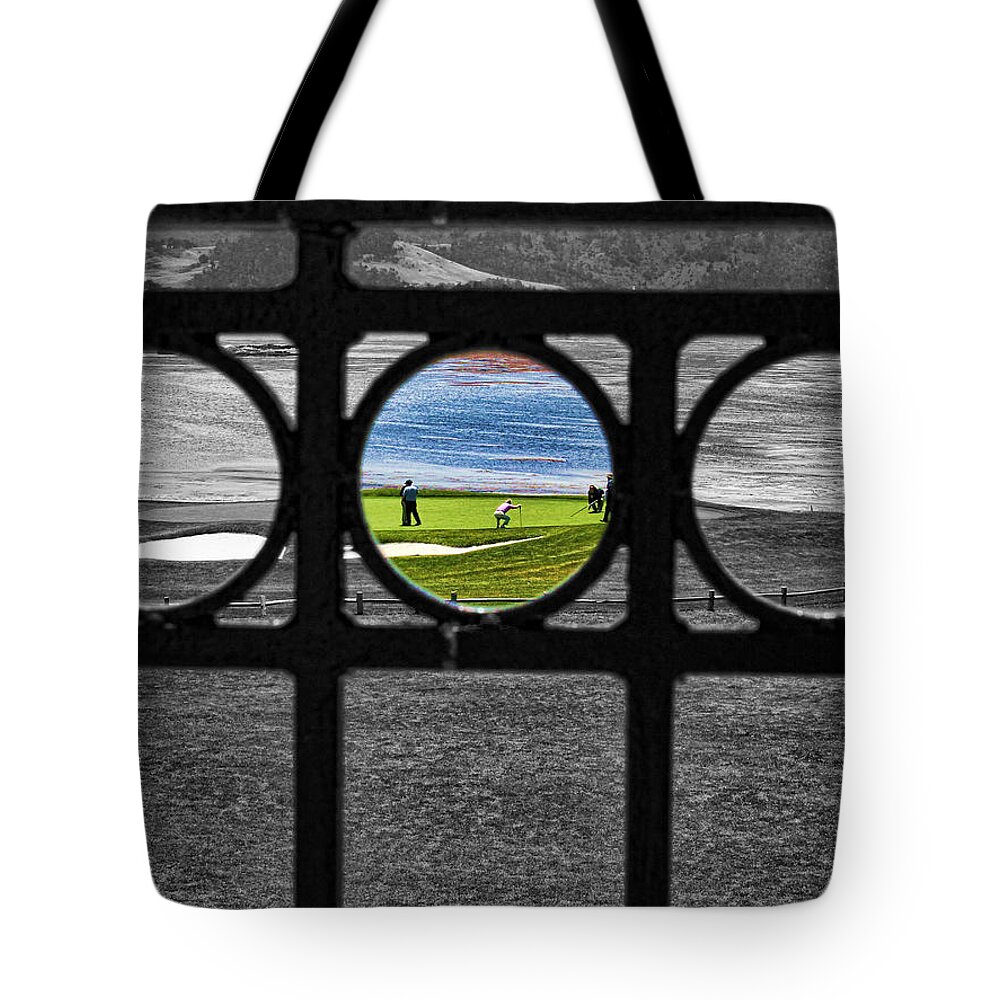Pebble Beach Tote Bag featuring the photograph On The Green by Judy Vincent