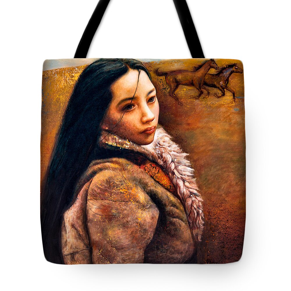 Girl Tote Bag featuring the painting On the High Plateau by Shijun Munns
