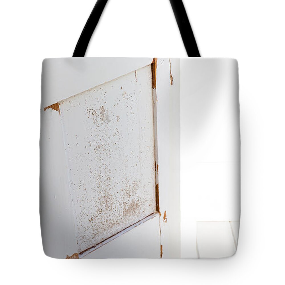 Conceptual Tote Bag featuring the photograph Open White Door With Latch by Jo Ann Tomaselli