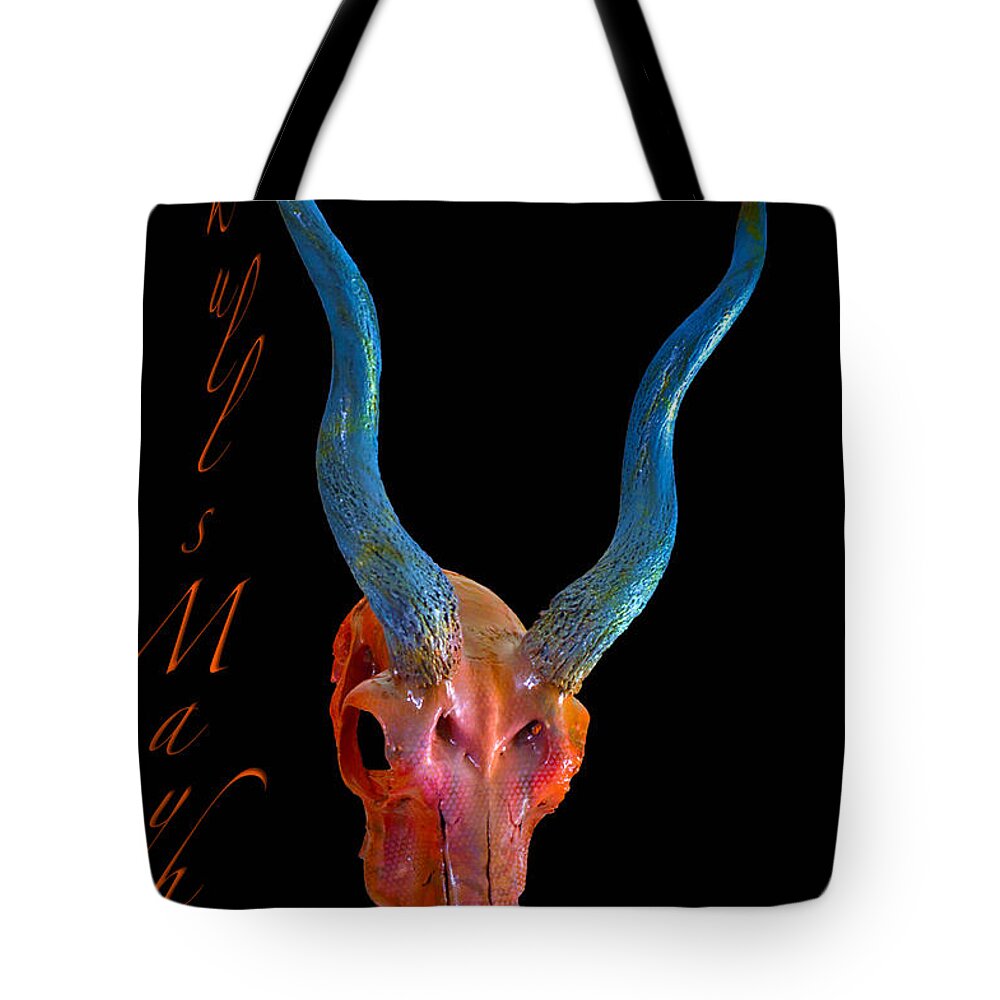 Blackbuck Art Tote Bag featuring the mixed media Orange and Blue Illuminating Blackbuck Skull by Mayhem Mediums