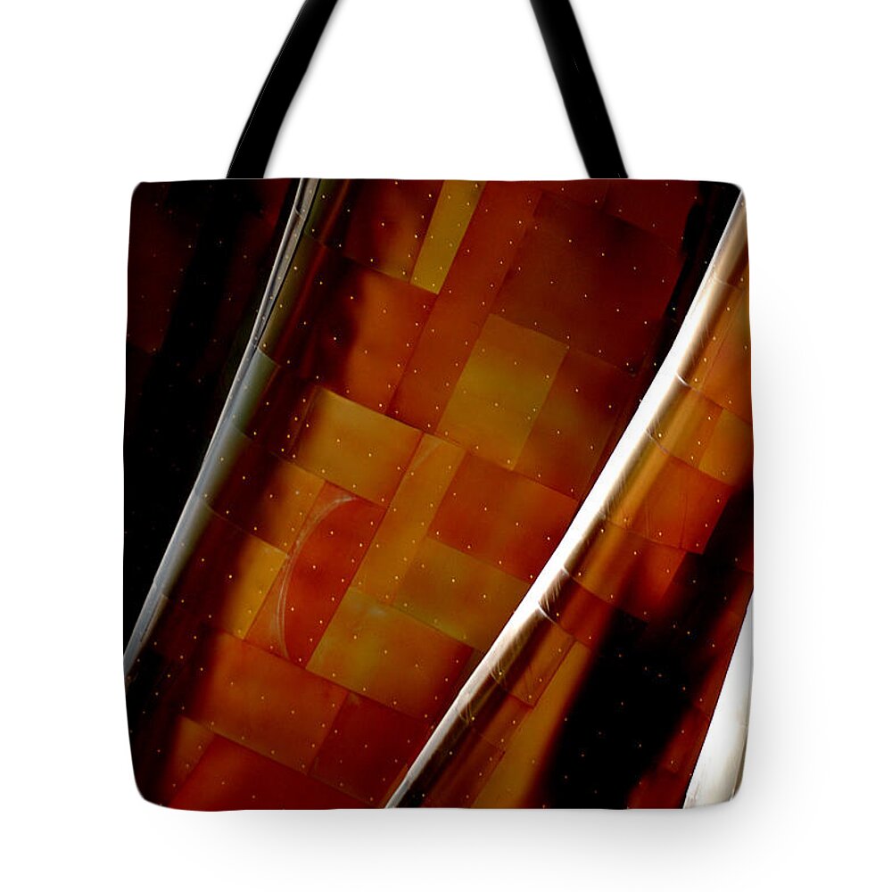 Sun Reflection Copper Shingles Siding Yellows Golds Oranges Experience Music Project Seattle Wa Tote Bag featuring the photograph Orange Copper by Holly Blunkall