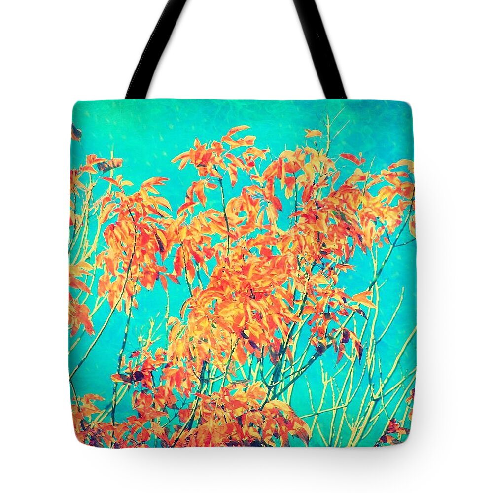 Leaves Tote Bag featuring the photograph Orange Leaves and Turquoise Sky by Elizabeth Budd