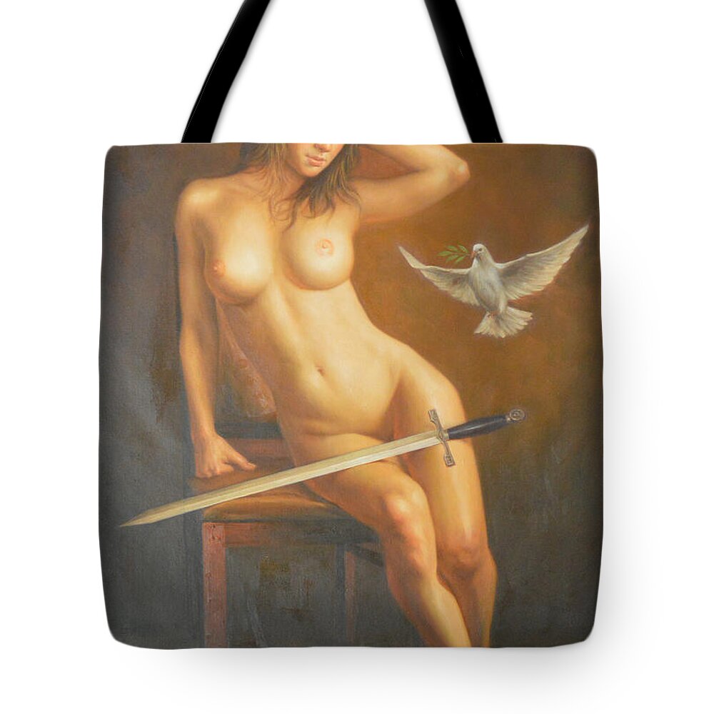 Original Tote Bag featuring the painting Original Classic Oil Painting Female Body Art -nude Girl And Sword by Hongtao Huang