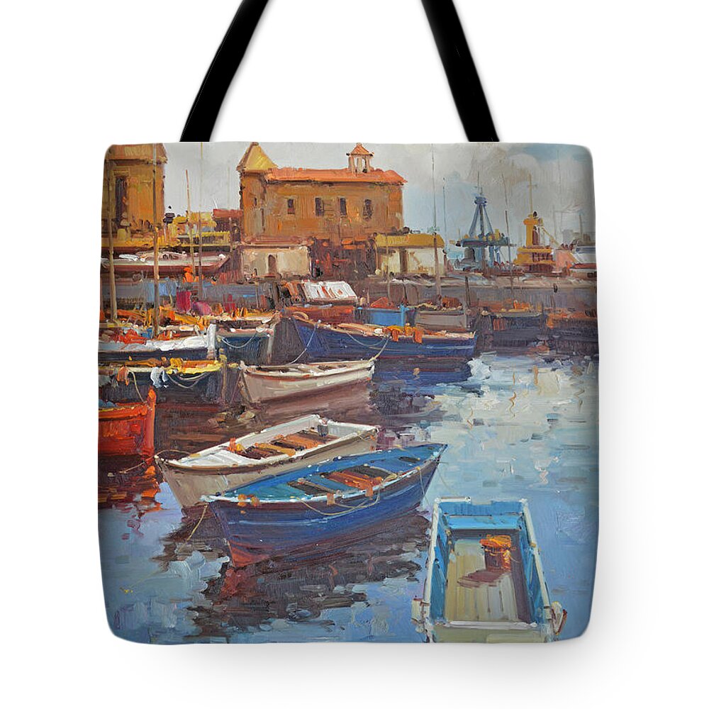 Oil Painting Tote Bag featuring the painting Original Impressional Painting Art - Seasport by Hongtao Huang