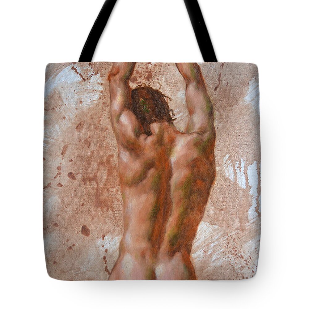 Male Nude Tote Bag featuring the painting Original Oil Painting Gay Man Body Art-male Nude-017 by Hongtao Huang