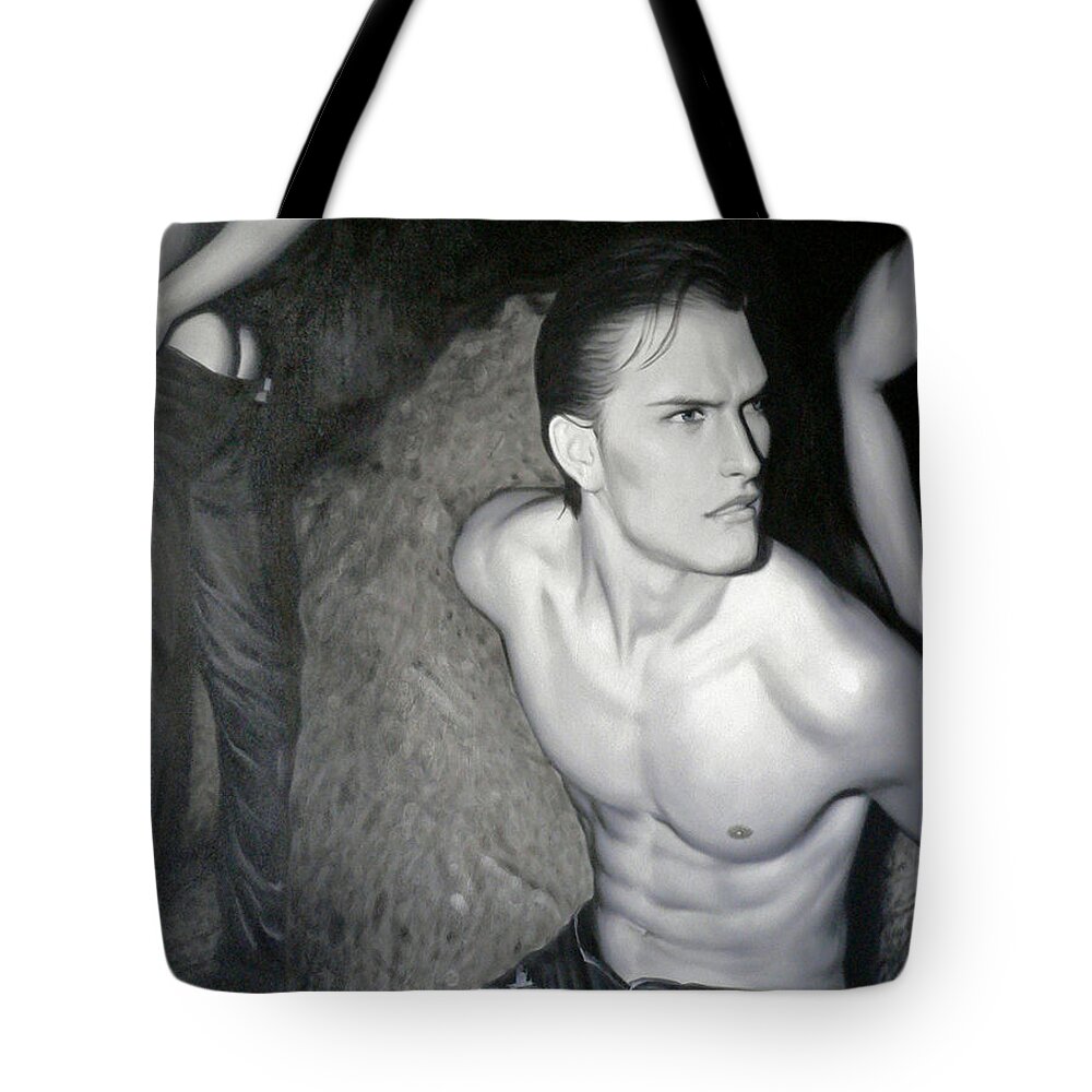 Art Tote Bag featuring the painting original Oil painting gay man body male nude art on canvas-201 by Hongtao Huang