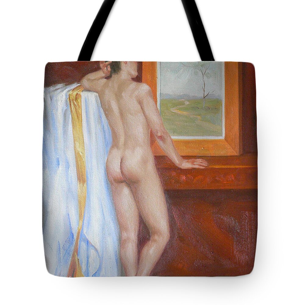 Original Gay Art Tote Bag featuring the painting Original Oil Painting Male Nude Man Body Art Young Boy On Canvas#16-2-6-09 by Hongtao Huang