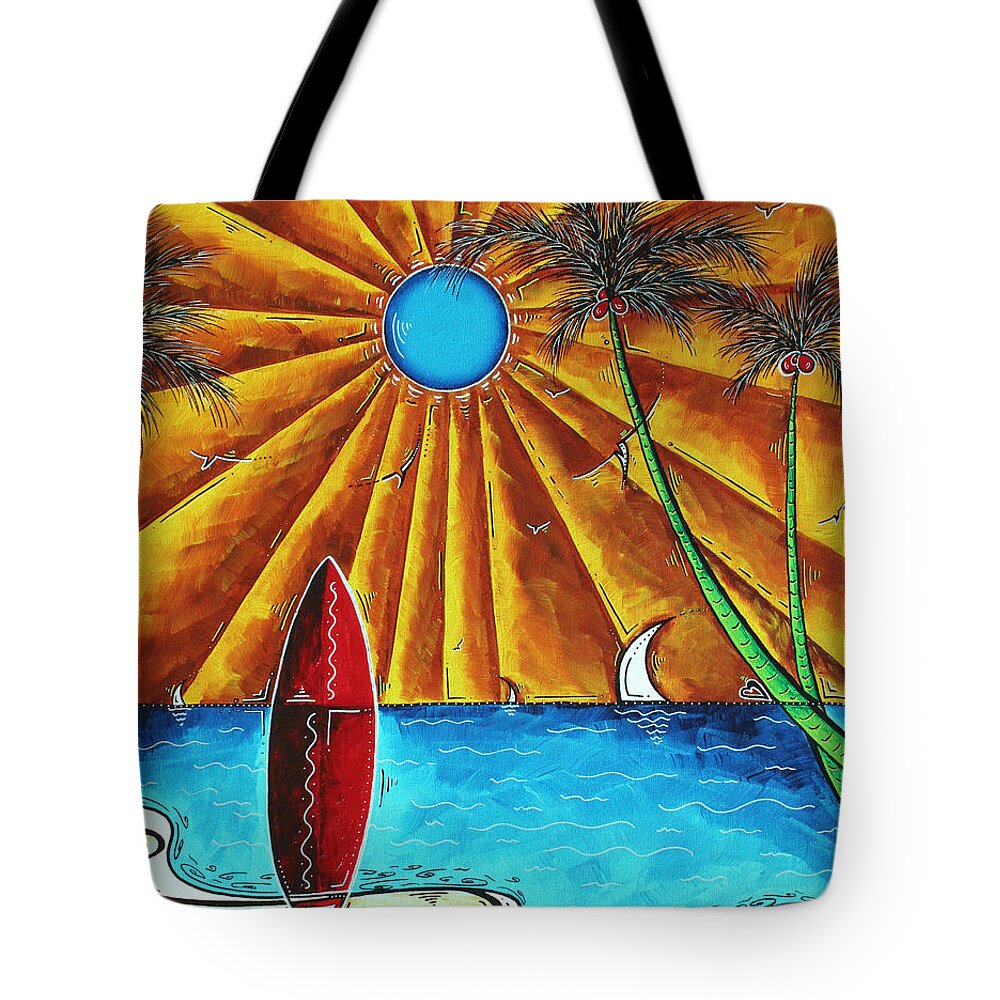 Abstract Tote Bag featuring the painting Original Tropical Surfing Whimsical Fun Painting WAITING FOR THE SURF by MADART by Megan Duncanson