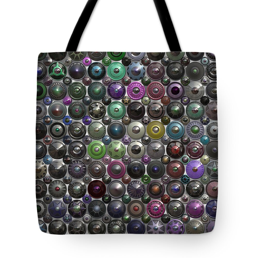 Silver Tote Bag featuring the digital art Ornamental Hubcaps by Ann Stretton