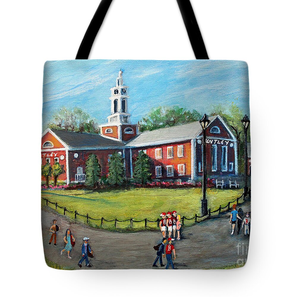 Bentley Tote Bag featuring the painting Our Time at Bentley University by Rita Brown