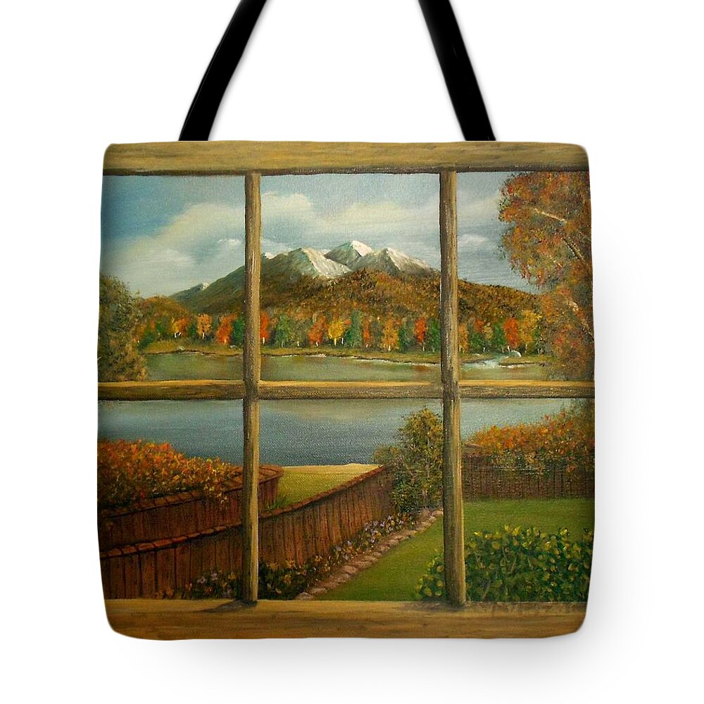 Window Tote Bag featuring the painting Out My Window-Autumn Day by Sheri Keith