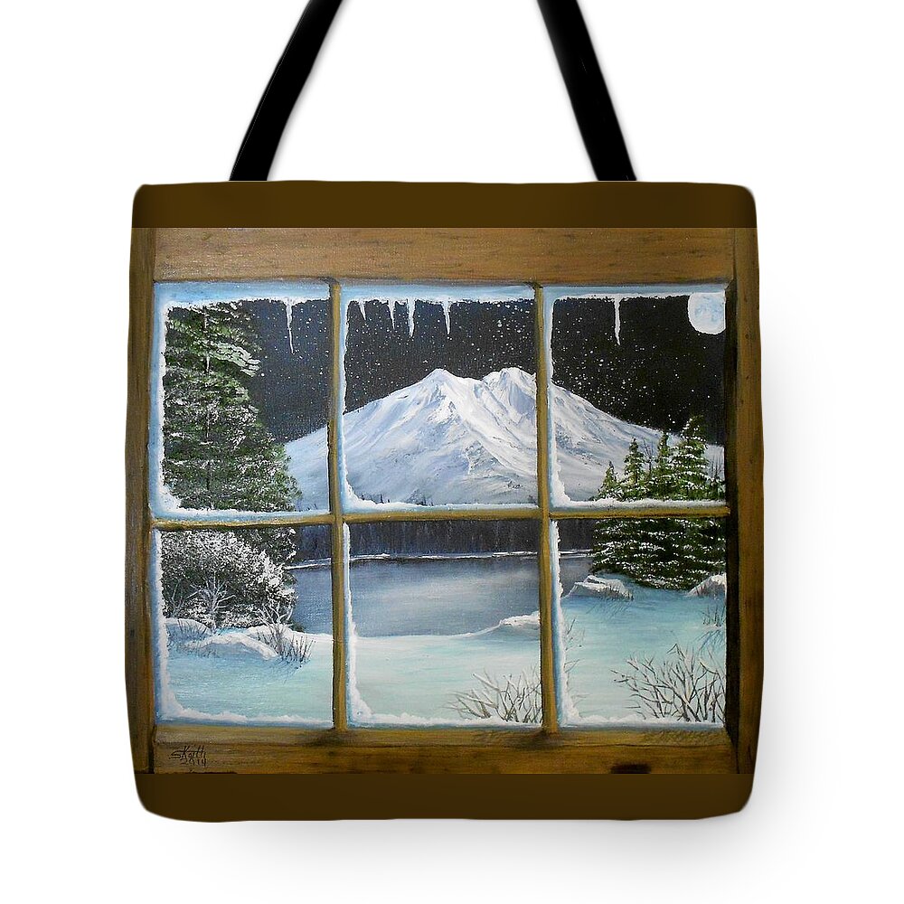 Window Tote Bag featuring the painting Out My Window-Bright Winter's Night by Sheri Keith