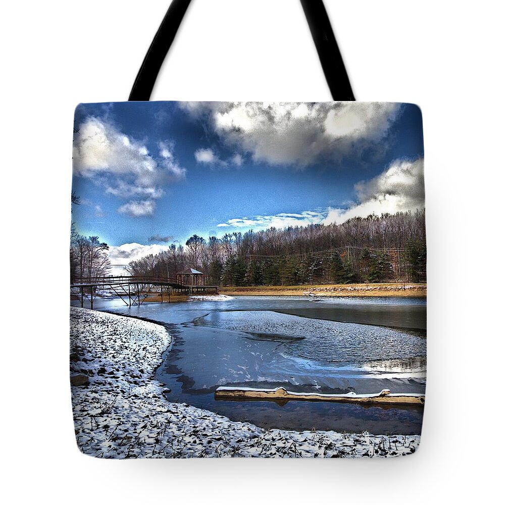 Landscape Tote Bag featuring the photograph Over Da River N Thru Da Woods by Robert McCubbin