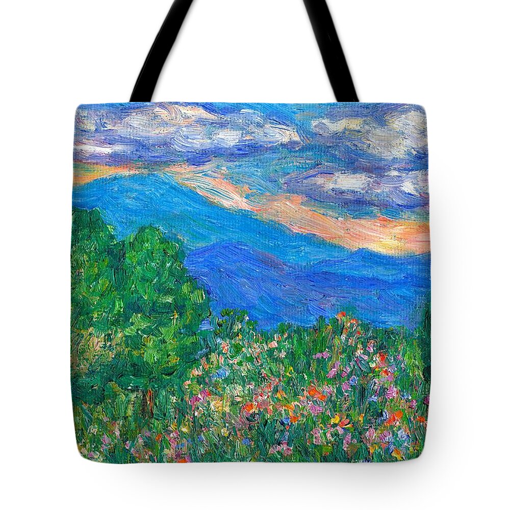 Kendall Kessler Mountains Tote Bag featuring the painting Over the Edge by Kendall Kessler