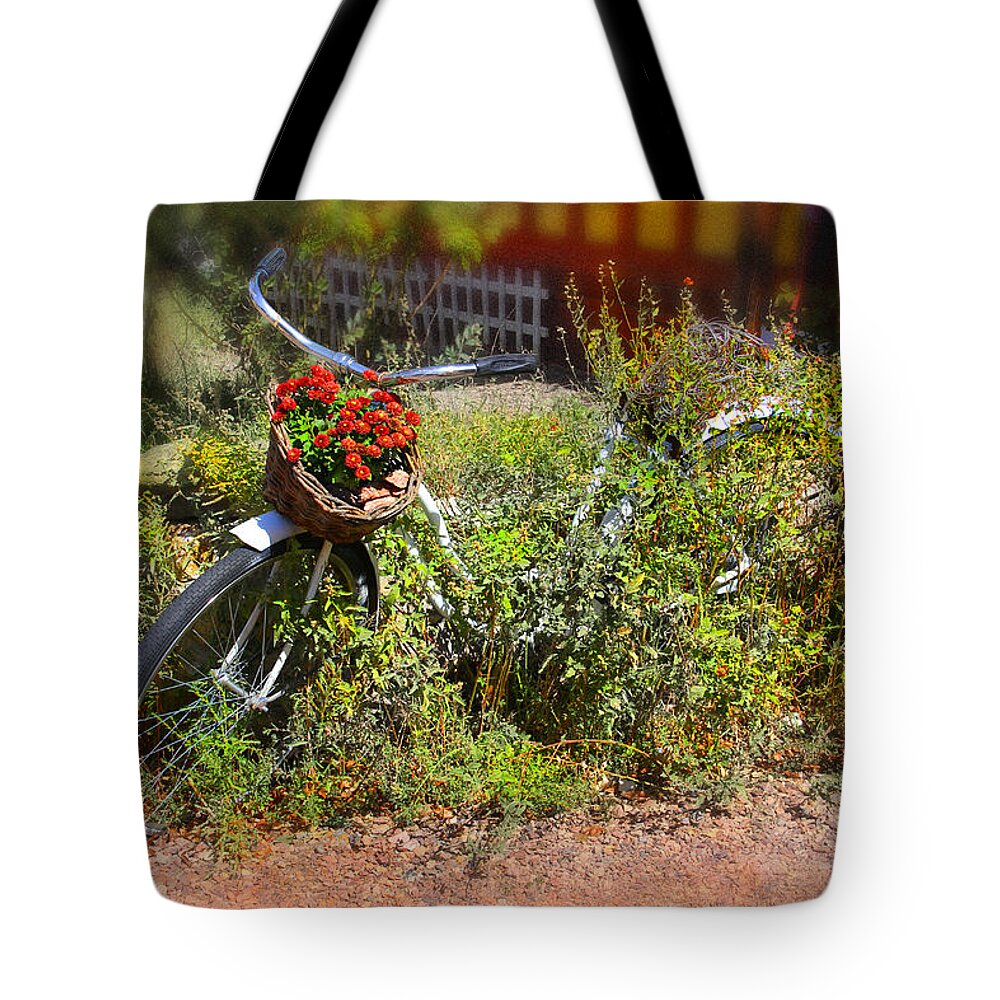 Bike Tote Bag featuring the photograph Overgrown Bicycle with Flowers by Mike McGlothlen