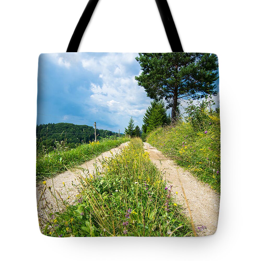 Road Tote Bag featuring the photograph Overgrown Rural Path Up a Hill by Andreas Berthold