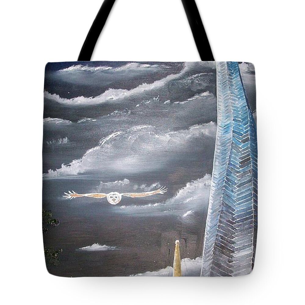 Chesterfield Tote Bag featuring the painting Owl And Crooked Spire by Asa Jones