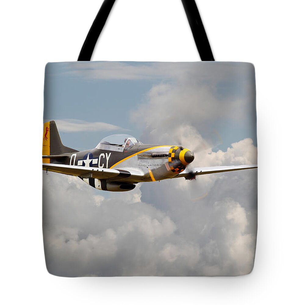 Aircraft Tote Bag featuring the digital art P51 Mustang - Miss Velma by Pat Speirs