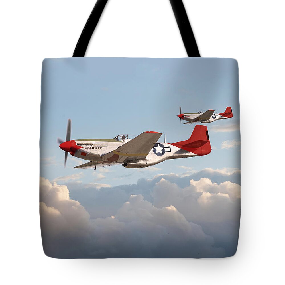 Aircraft Tote Bag featuring the photograph P51 Mustangs - Red Tails by Pat Speirs