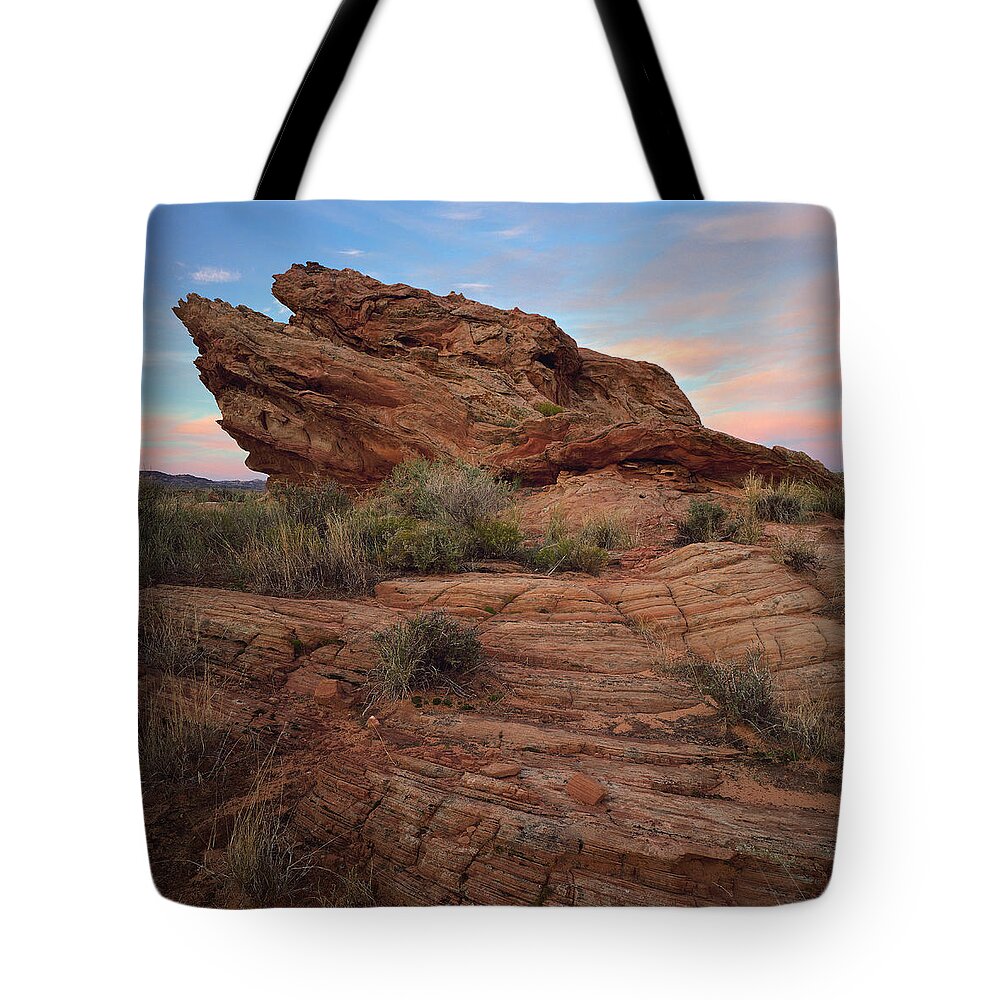 Arizona Tote Bag featuring the photograph Page Sunrise Rock-SQ by Tom Daniel