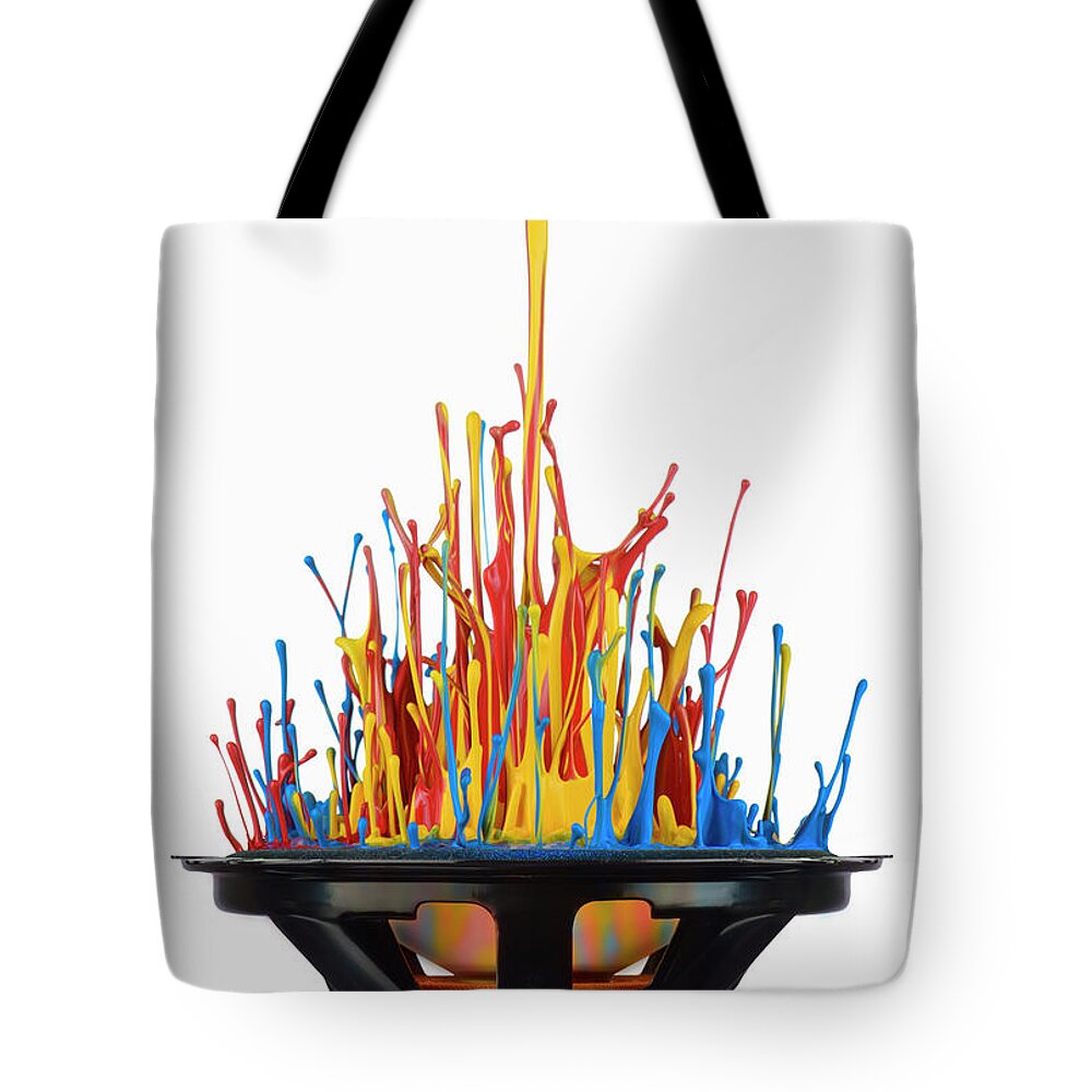 Sound Wave Tote Bag featuring the photograph Paint, Propelled From A Speaker by Don Farrall