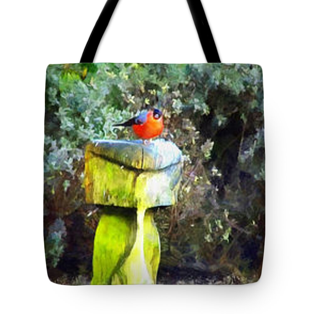 Art Tote Bag featuring the painting Painted bullfinch trio by Vix Edwards