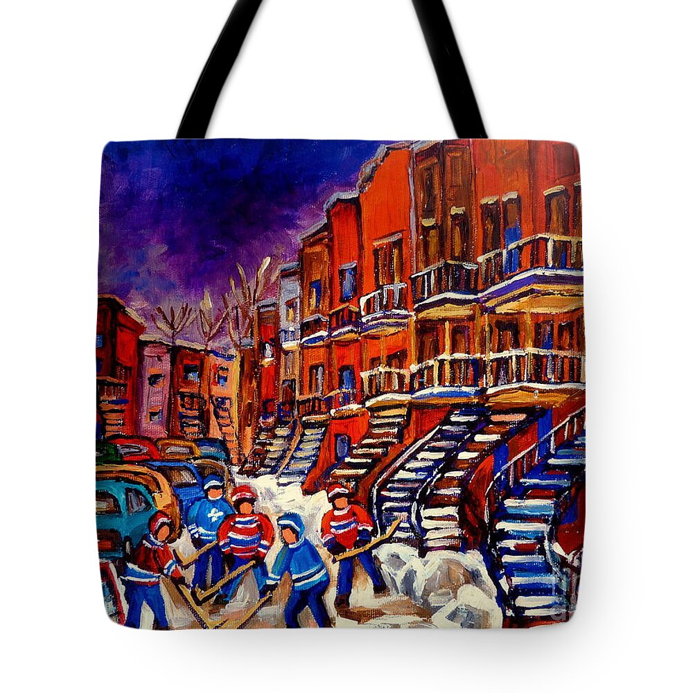 Montreal Tote Bag featuring the painting Paintings Of Montreal Hockey On Du Bullion Street by Carole Spandau