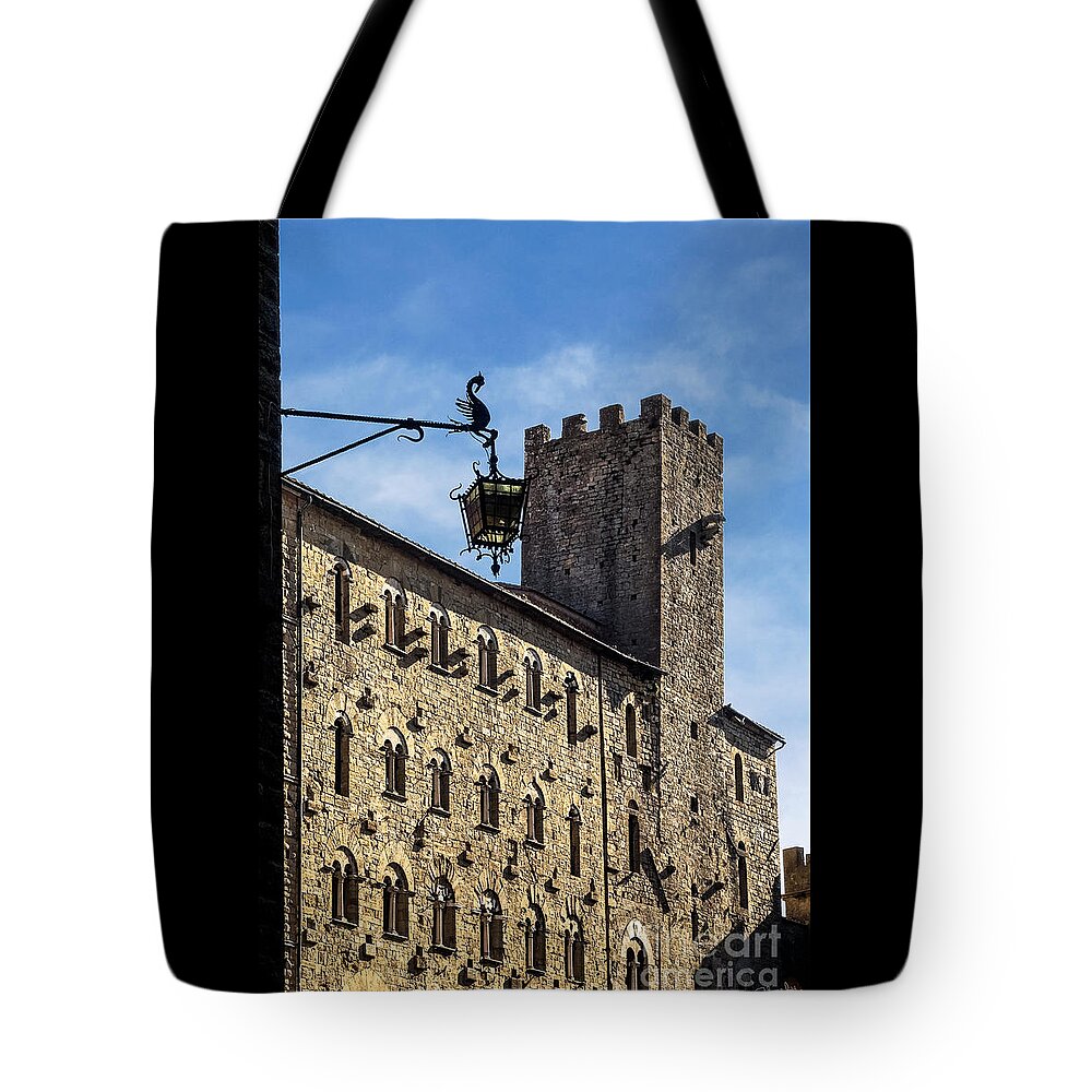 Volterra Italy Tote Bag featuring the photograph Palazzo Pretorio and the Tower of Little Pig by Prints of Italy