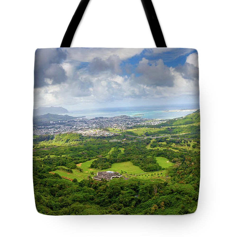 Scenics Tote Bag featuring the photograph Pali Lookout Overlooking Kaneohe by Anna Gorin