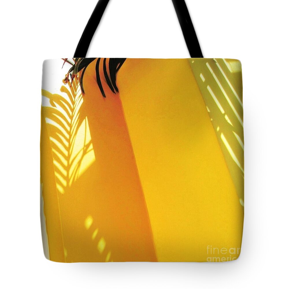 Sharkcrossing Tote Bag featuring the painting S Palm Shadow on Yellow Wall - Square by Lyn Voytershark