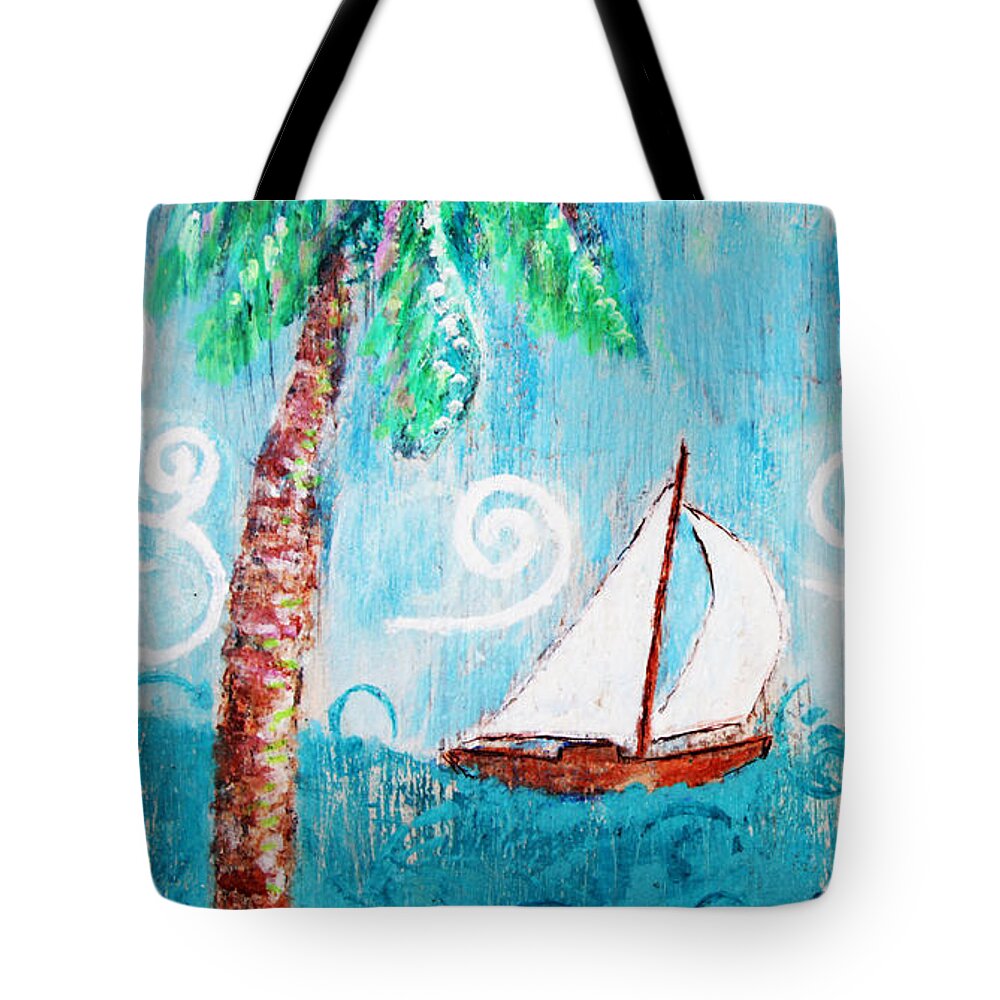 Palm Tree Tote Bag featuring the painting Palm Tree and Sailboat by Jan Marvin by Jan Marvin