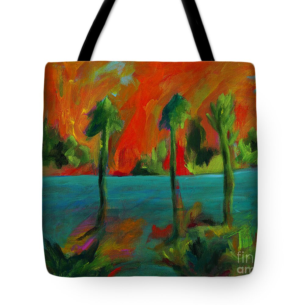 Florida Tote Bag featuring the painting Palm Trio Sunset by Elizabeth Fontaine-Barr
