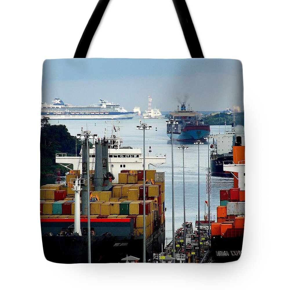 Panama Canal Tote Bag featuring the photograph Panama Express by Karen Wiles
