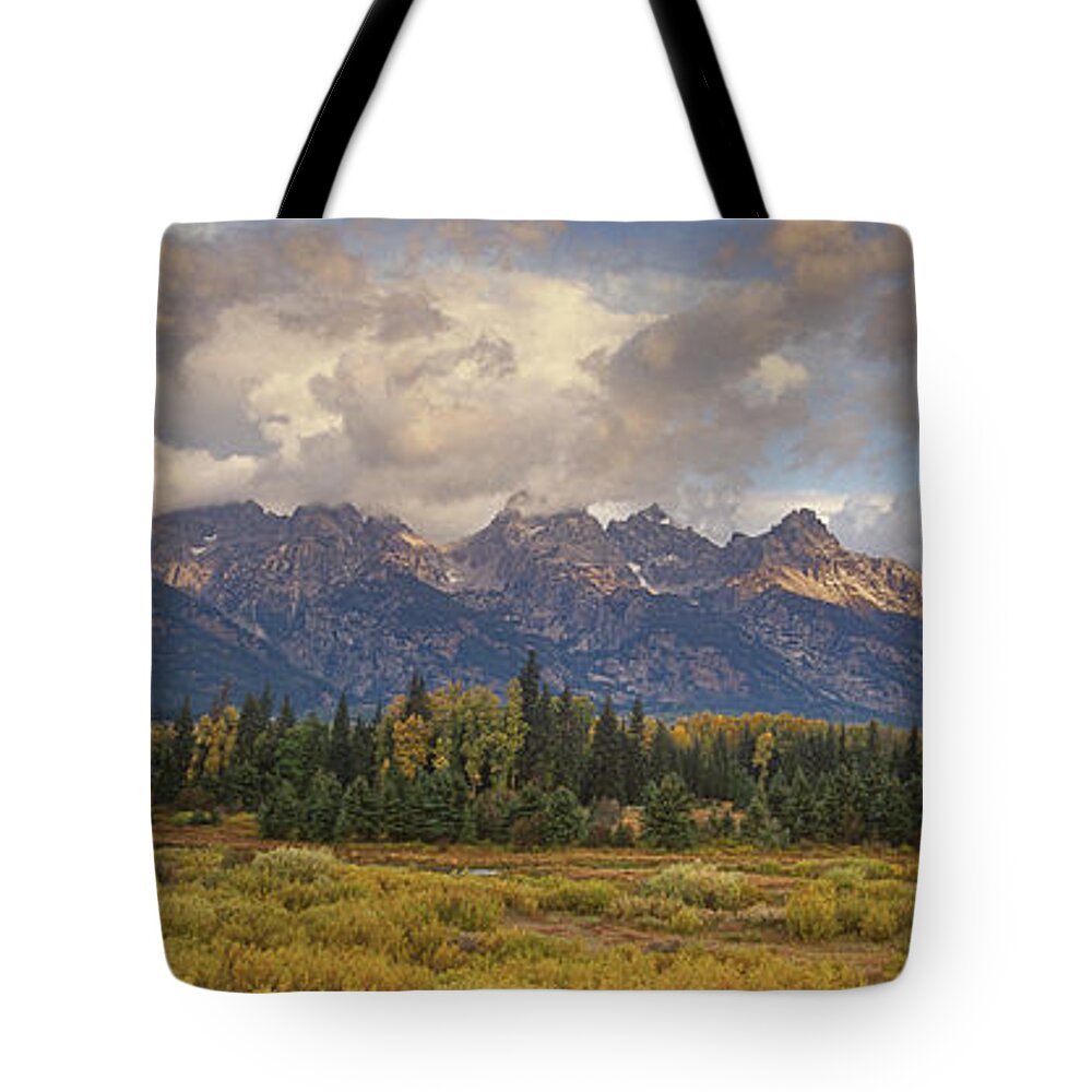 North America Tote Bag featuring the photograph Panaroma Clearing Storm on a Fall Morning in Grand Tetons National Park by Dave Welling