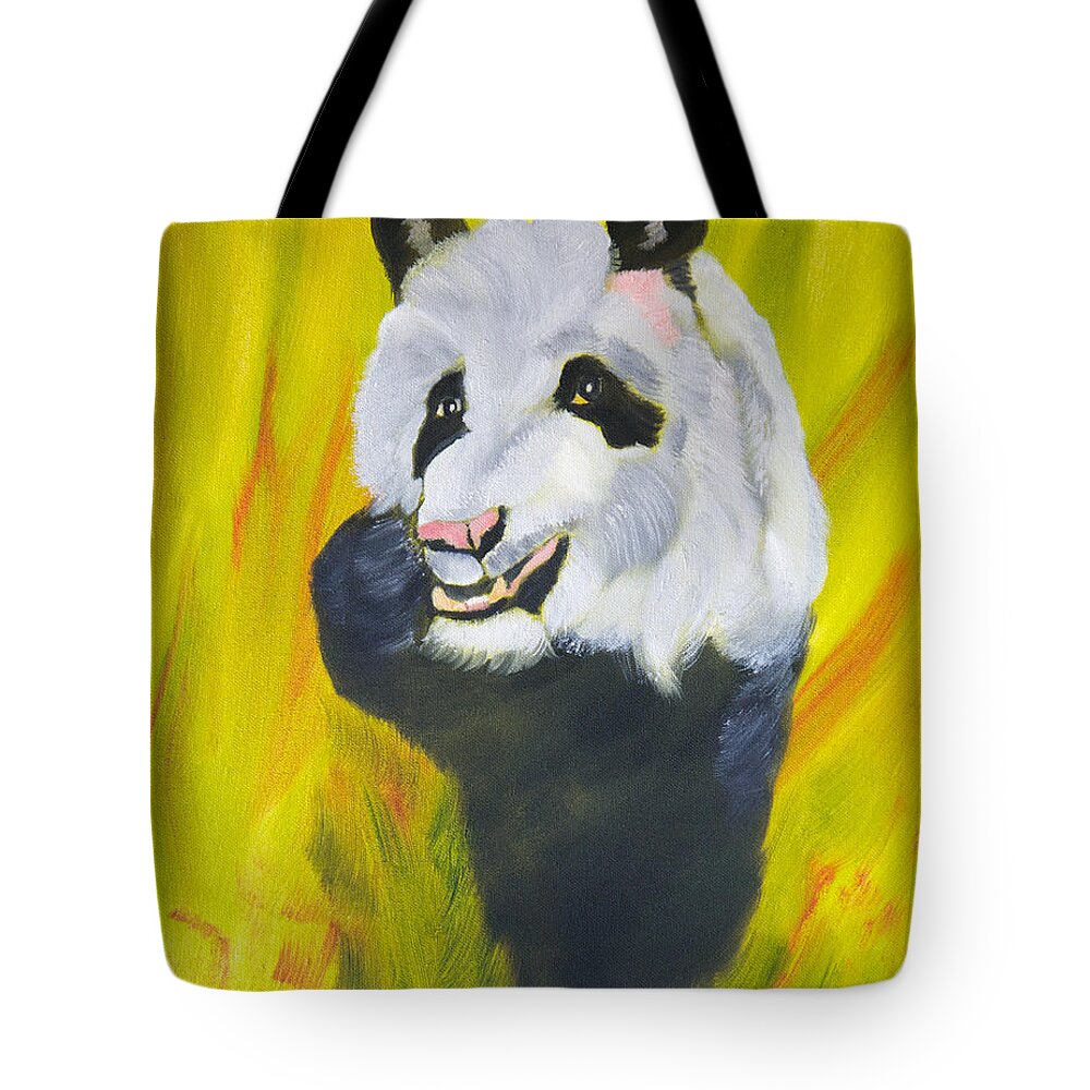 Panda Bear Tote Bag featuring the painting Panda-monium by Meryl Goudey