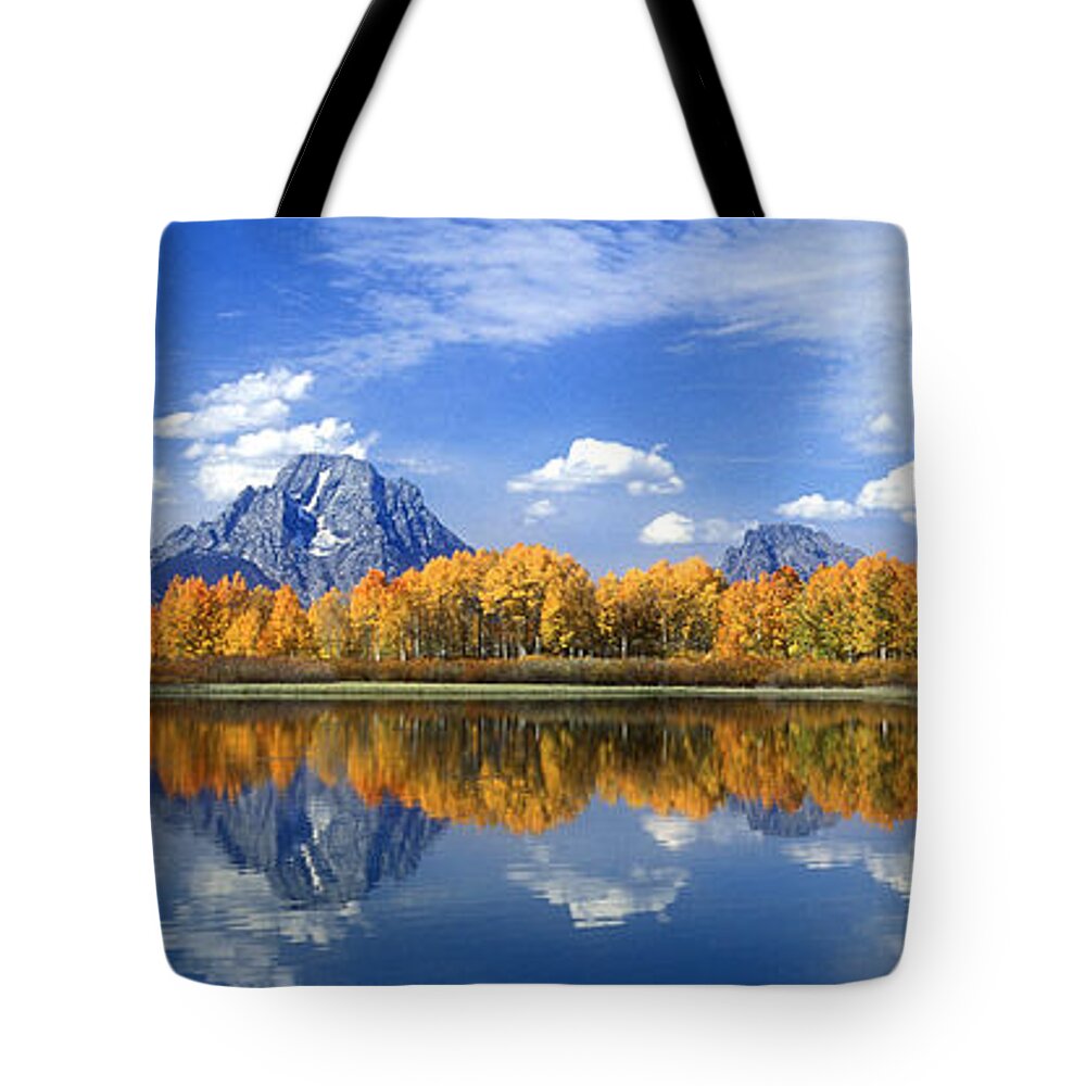 America Tote Bag featuring the photograph Panorama Fall Morning at Oxbow Bend Grand Tetons National Park by Dave Welling