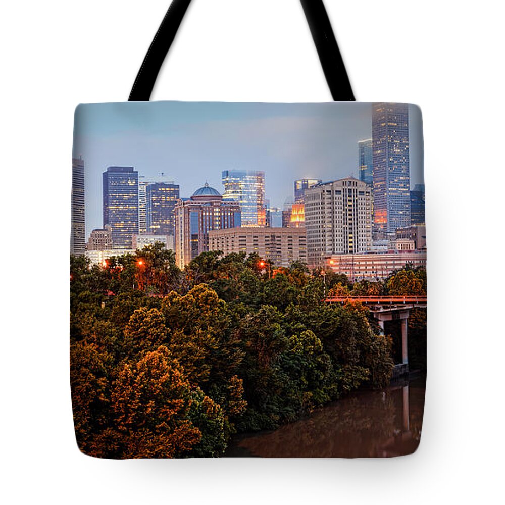 Downtown Houston Skyline Tote Bag featuring the photograph Panorama of Downtown Houston at Dawn - Texas by Silvio Ligutti