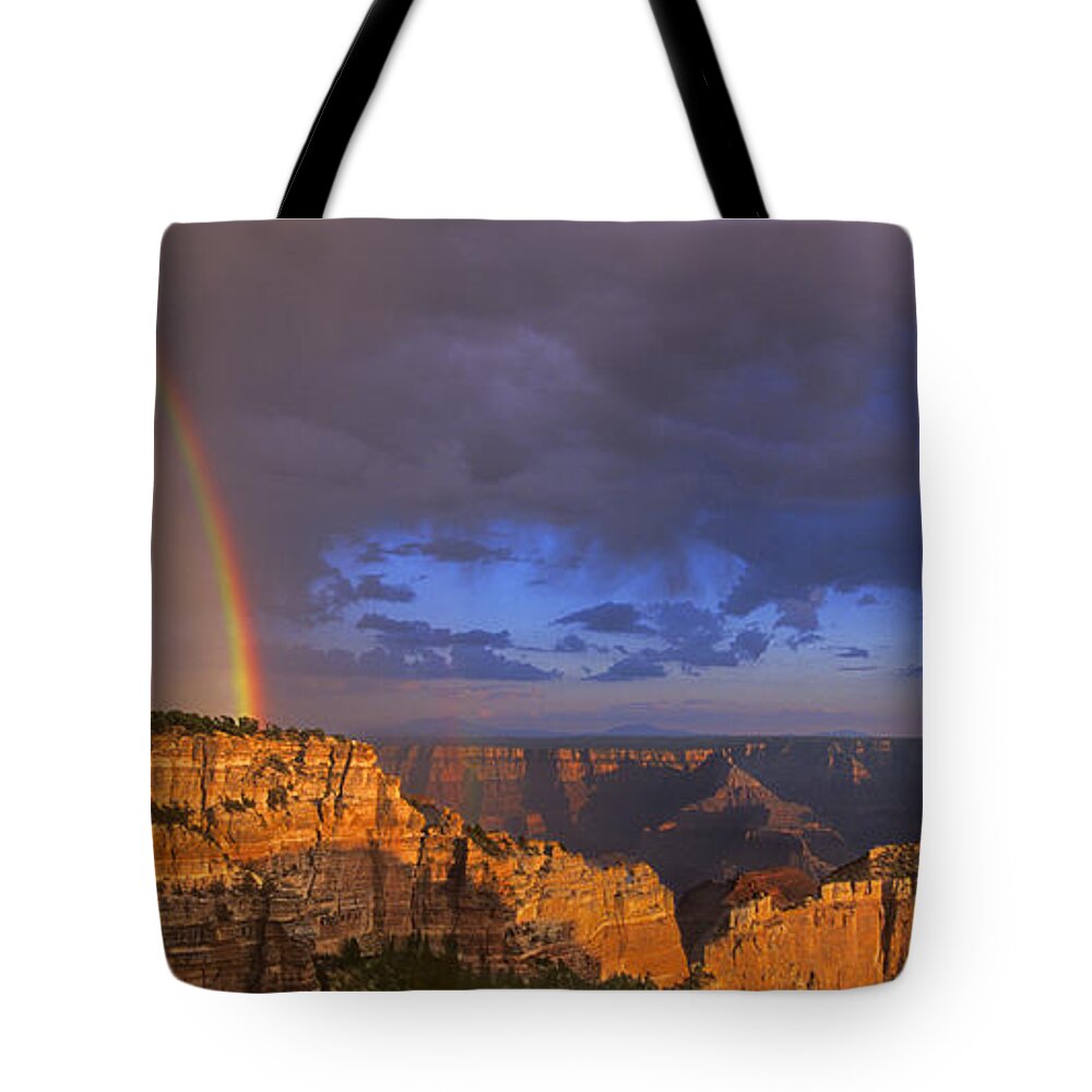 North America Tote Bag featuring the photograph Panorama Rainbow over Cape Royal North Rim Grand Canyon National Park by Dave Welling