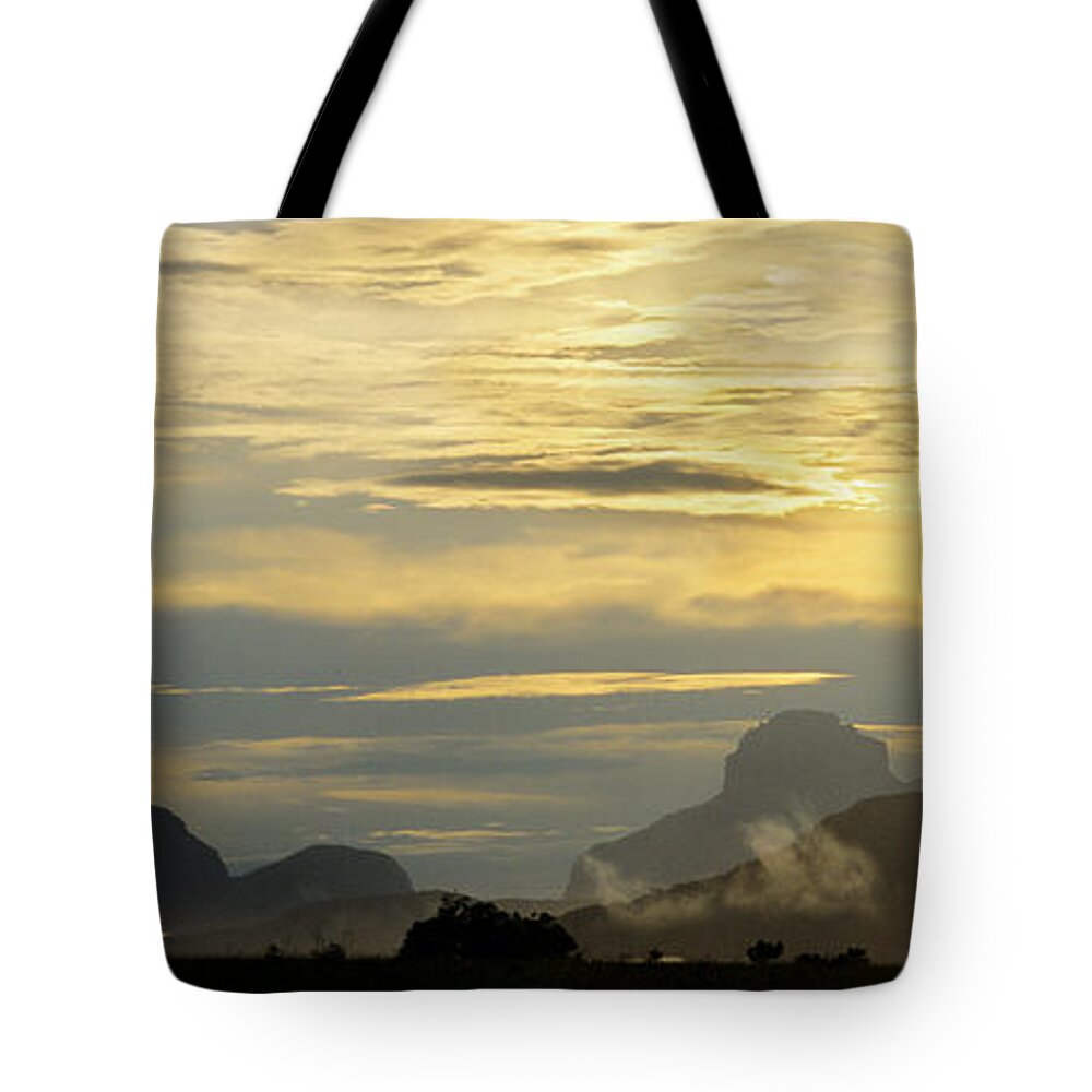 Venezuela Tote Bag featuring the photograph Panorama Sunset Aparaman and Towyen Tepuis Kavak Venezuela by Dave Welling